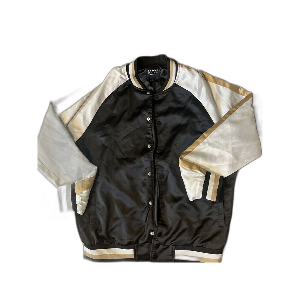 MANI Giorgio Armani Satin Bomber Jacket Mens L XL Black Gold Varsity Italy